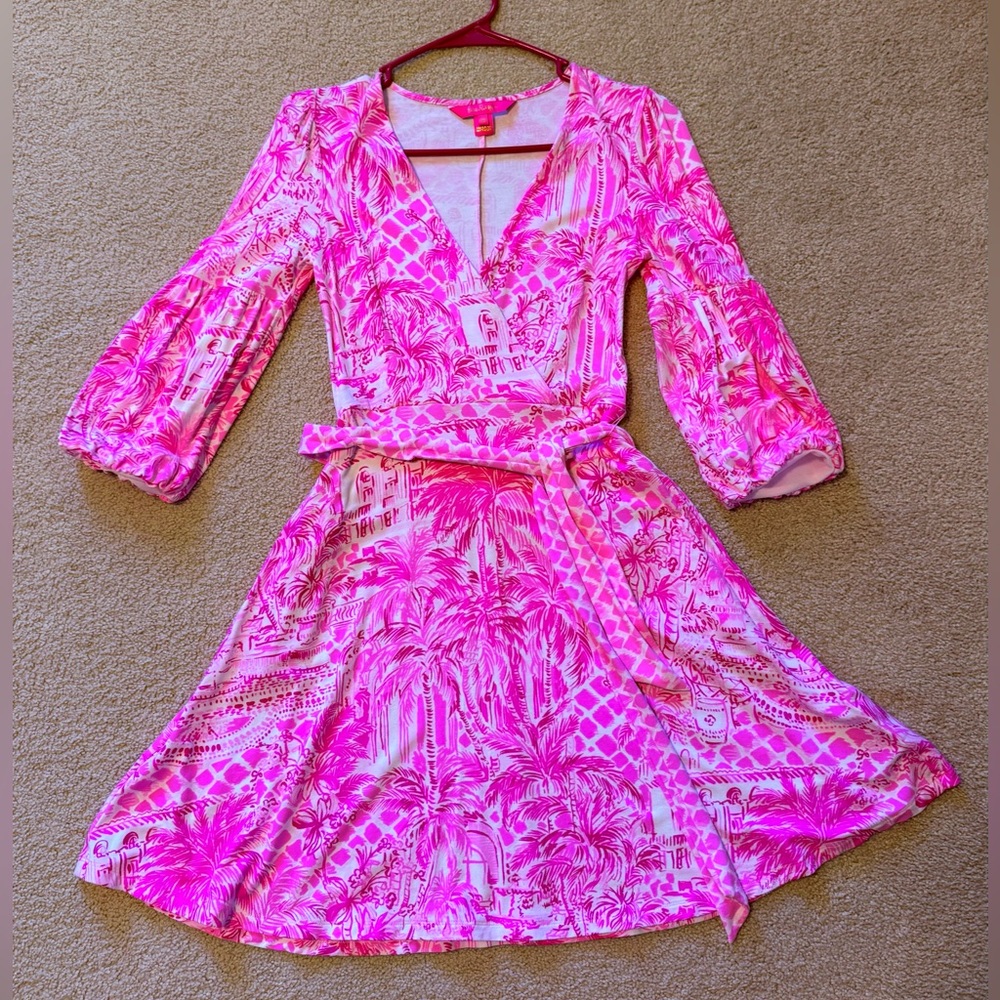Lilly Pulitzer Faux Wrap Tie Chace Dress Pink Resort Palm Beach Paradise, Sz XXS